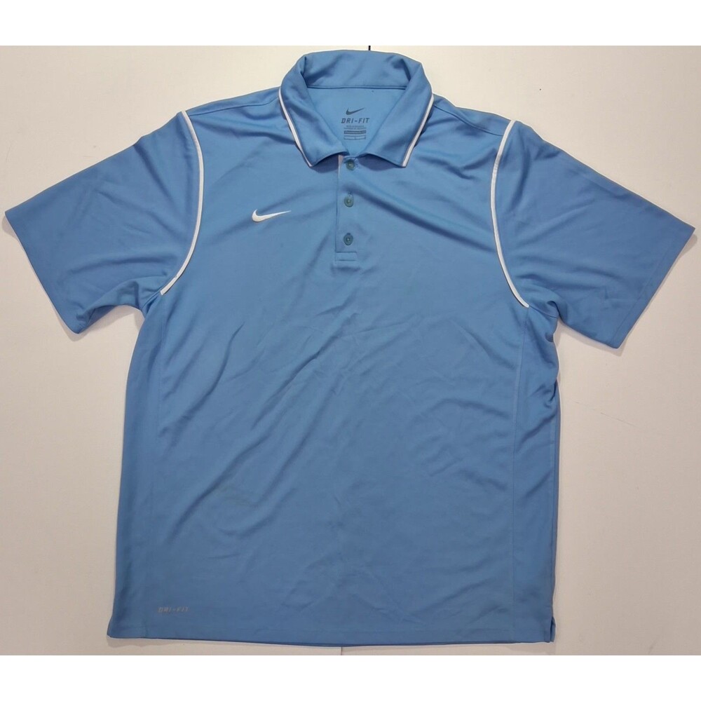 Nike Dri-FIT Men's Short Sleeve Polo Shirt L Blue Solid Logo Button Collared